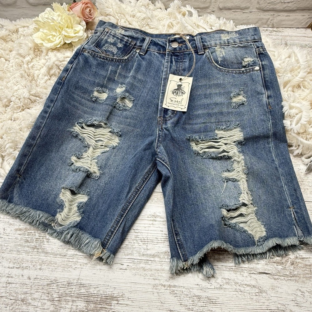 Hippie Bohemian Long Denim Jean Shorts Distressed Raw Hem Fringe Mom Jeans Sz M